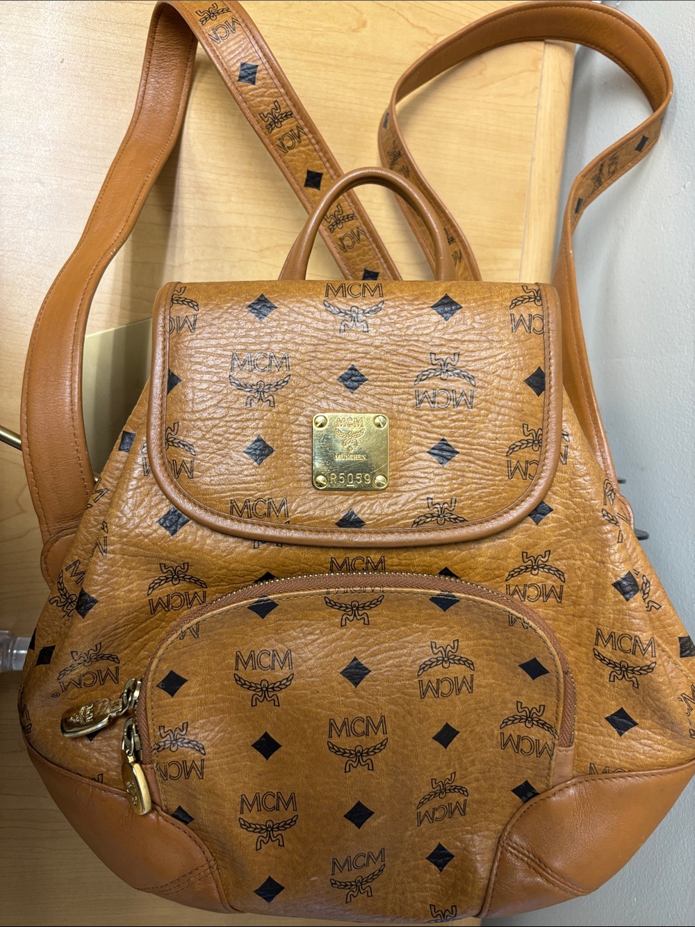 MCM Cognac Monogrammed Logo Backpack with Black Accents